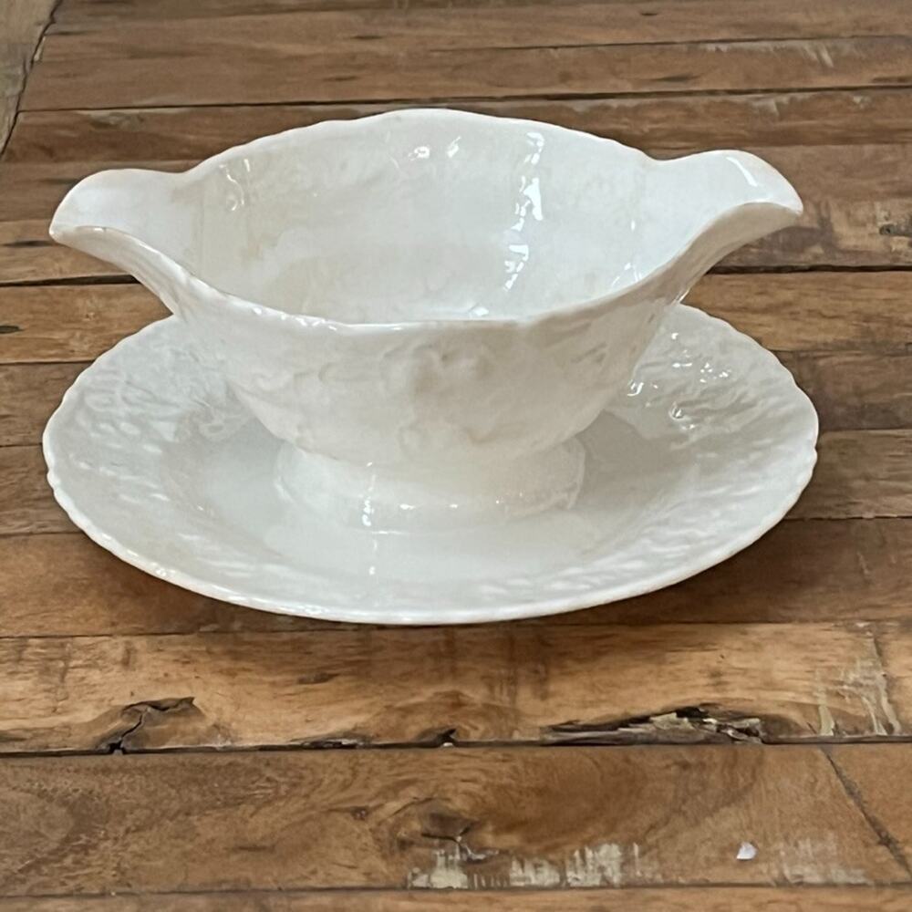 Vintage Pope Gosser Rose Point Gravy Boat With Attached UnderPlate Porcelain